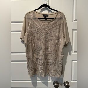 NWT INC Beige Embroidered Short Sleeve Mesh Semi Sheer Blouse Size 1X Womens